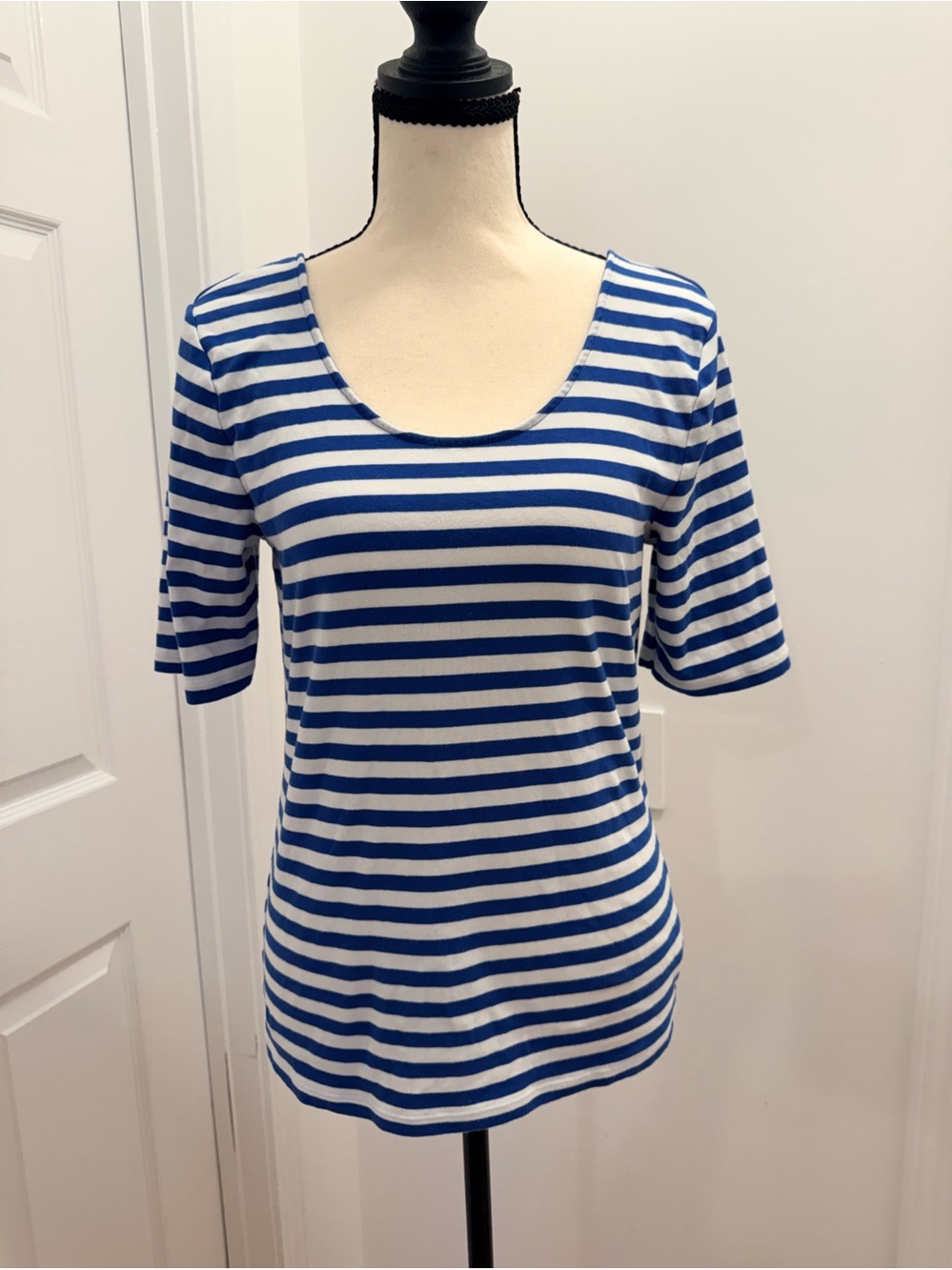 Lauren Ralph Lauren Blue and White Striped Scoop Neck Top